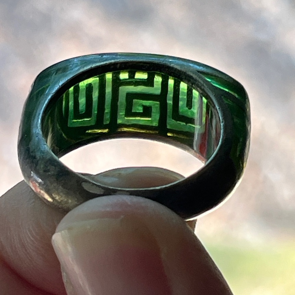 NFT, Artisan Sterling ring by Derek Lloyd, Green Greek keys Tetricycle inlay
